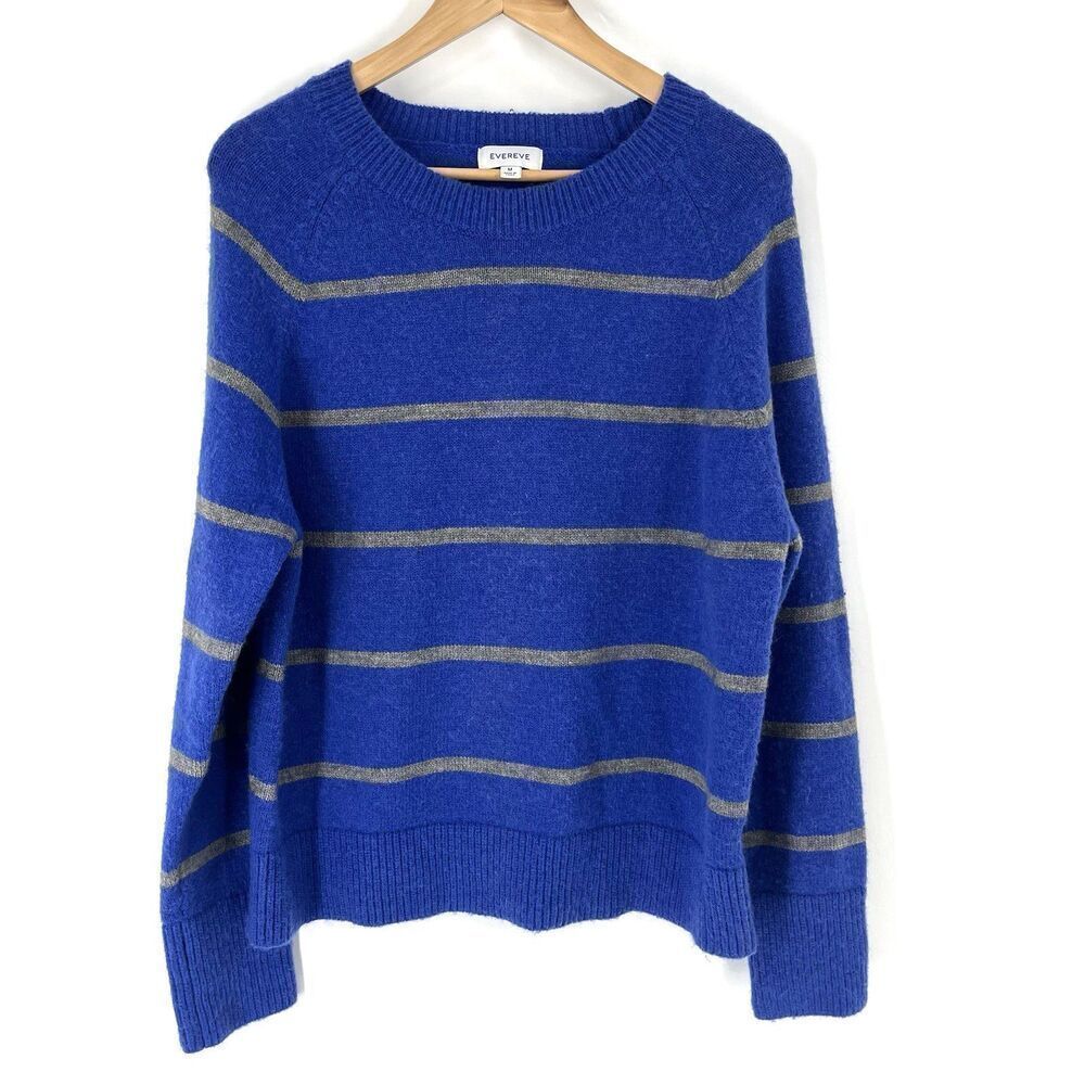 Evereve Thea Sweater Size Medium Blue Gray Crew Pullover Stripe Cozy Soft Knit